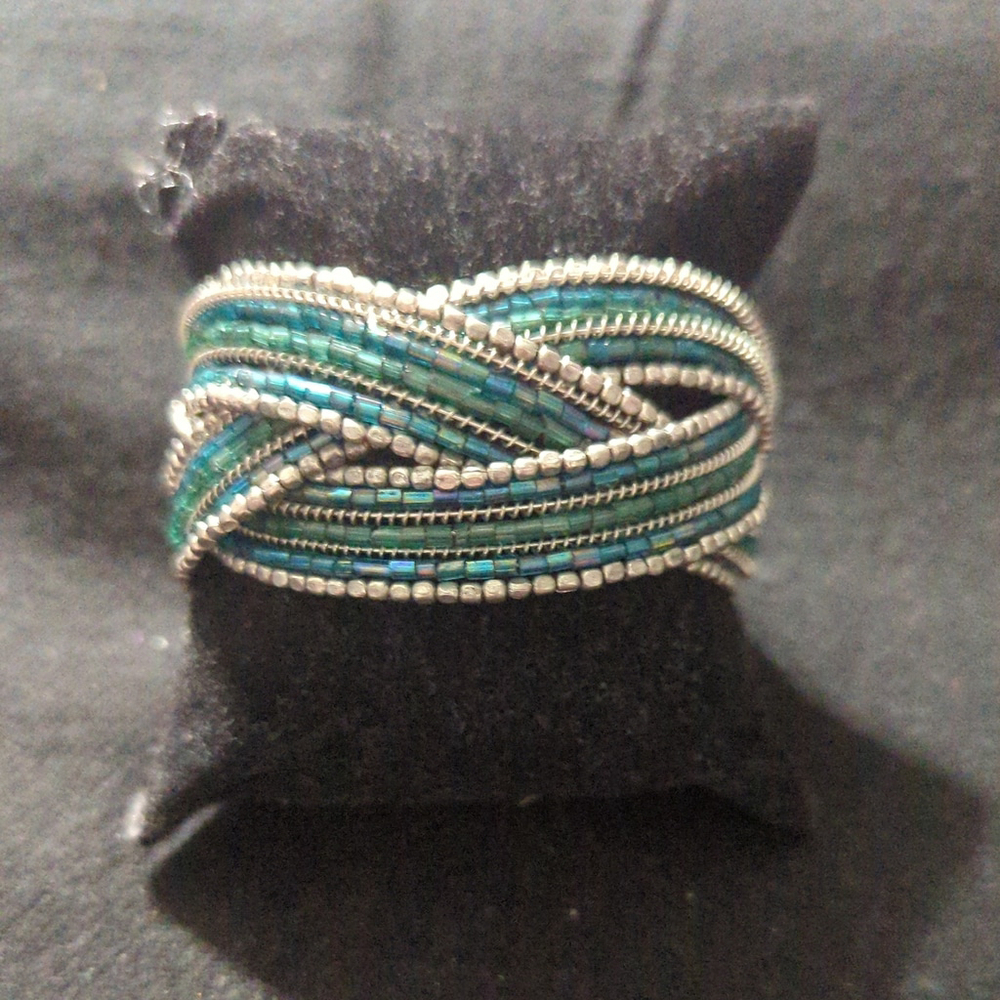 Silver Tone Teal Blue Green Beaded Wire Wrapped Cuff Bangle Statement Bracelet